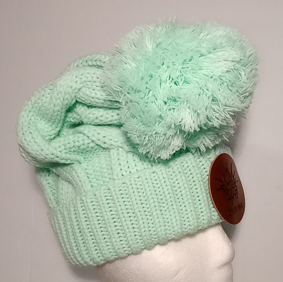 Winter Leather Patch "Lotus Ink" Chunky Cable Twist Cuff & Pom Knit Mint Beanie - Picture 6 of 7